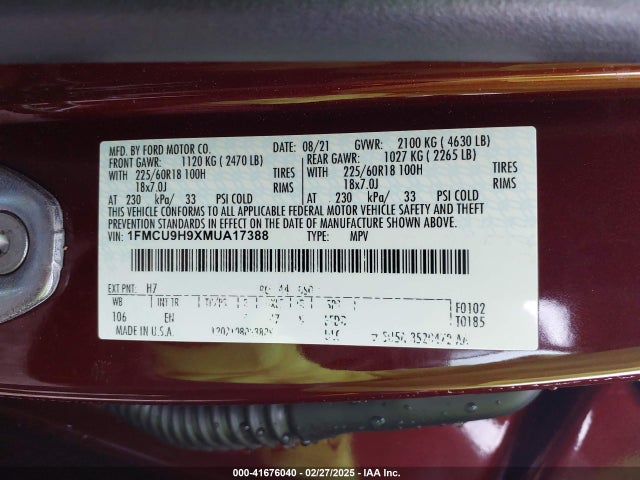 1FMCU9H9XMUA17388 Ford ESCAPE SEL