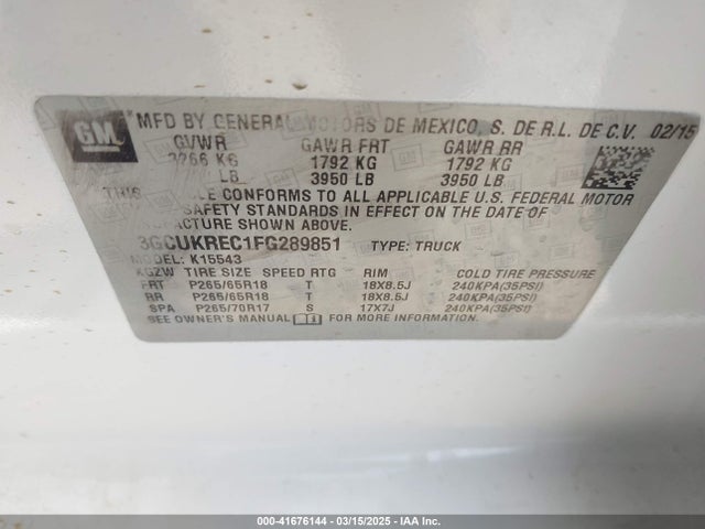 3GCUKREC1FG289851 Chevrolet Silverado 1500 2lt