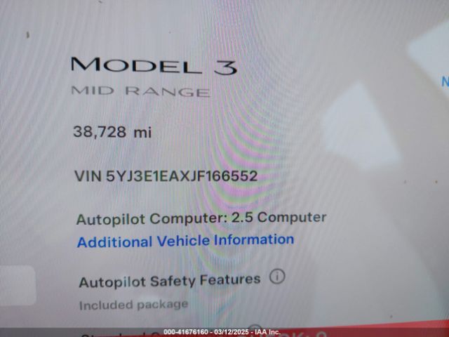 5YJ3E1EAXJF166552 Tesla Model 3 Long Range/mid Range