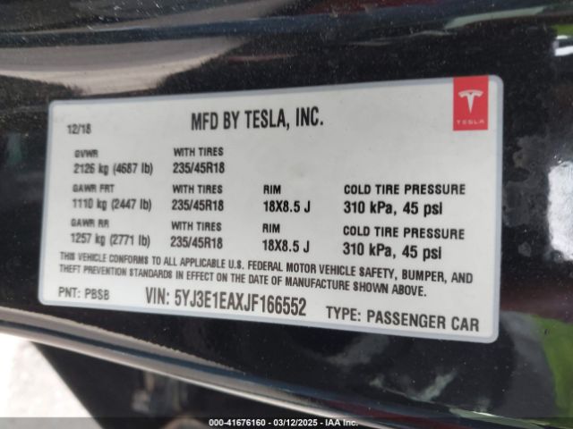 5YJ3E1EAXJF166552 Tesla Model 3 Long Range/mid Range