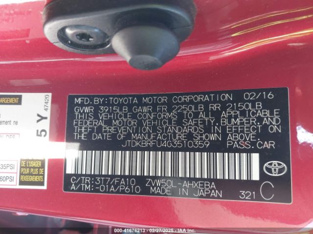 JTDKBRFU4G3510359 Toyota Prius Two