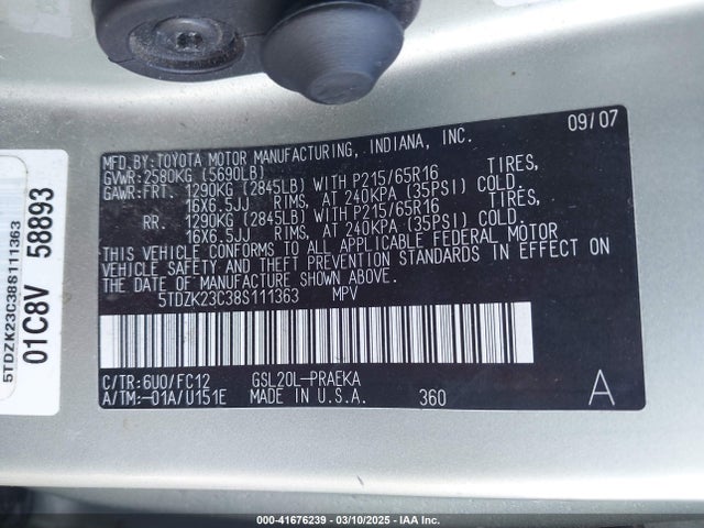 41676239 :رقم المزاد ، 5TDZK23C38S111363 vin ، 2008 Toyota Sienna Le مزاد بيع