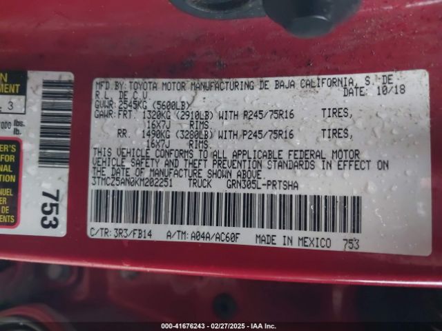3TMCZ5AN0KM202251 Toyota Tacoma Sr V6