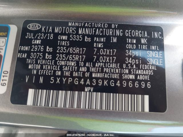5XYPG4A39KG496696 KIA Sorento 2.4l L