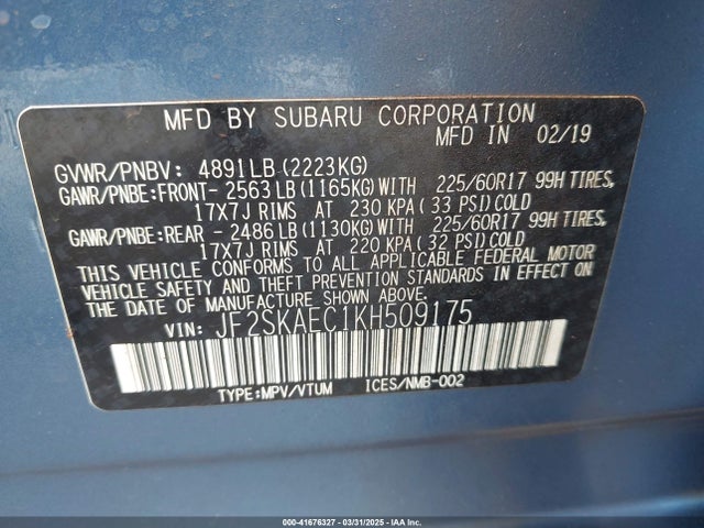 Subaru naturally aspirated u5 2019 JF2SKAEC1KH509175 Image 9