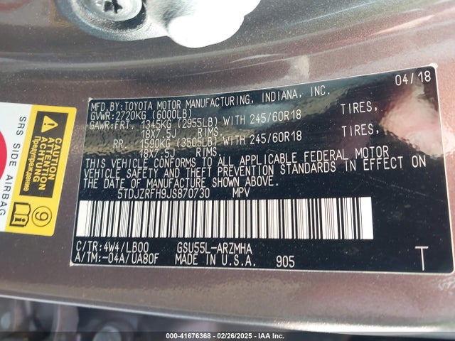 Toyota Highlander Xle 2018 5TDJZRFH9JS870730 Image 9