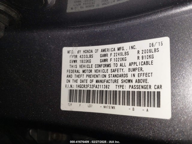 Honda ACCORD LX 2015 1HGCR2F32FA211382 Image 9