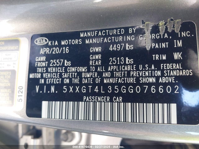 5XXGT4L35GG076602 KIA Optima Lx