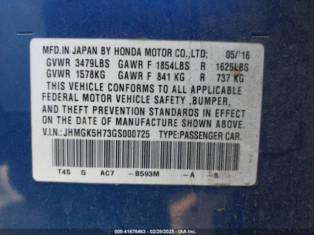 JHMGK5H73GS000725 Honda FIT EX