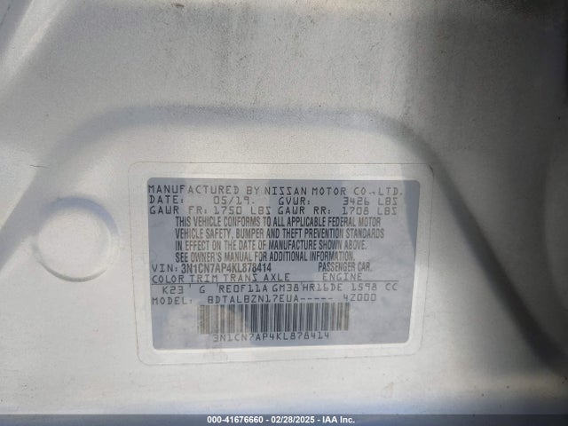 3N1CN7AP4KL878414 Nissan Versa 1.6 Sv