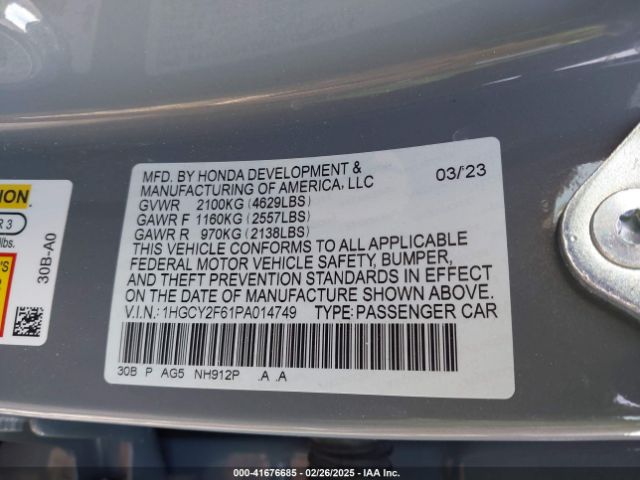 1HGCY2F61PA014749 Honda Accord Hybrid Ex-l