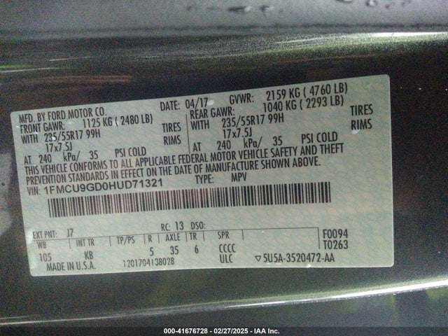 Ford ESCAPE SE 2017 1FMCU9GD0HUD71321 Image 9
