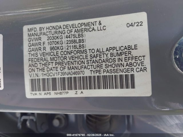 1HGCV1F39NA046970 Honda Accord Sport
