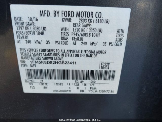 1FM5K8D82HGB23411 Ford EXPLORER XLT