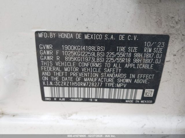 3CZRZ1H50RM728277 Honda Hr-v 2wd Sport/2wd Sport W/o Bsi