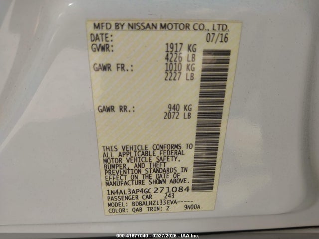 1N4AL3AP4GC271084 Nissan Altima 2.5 Sr
