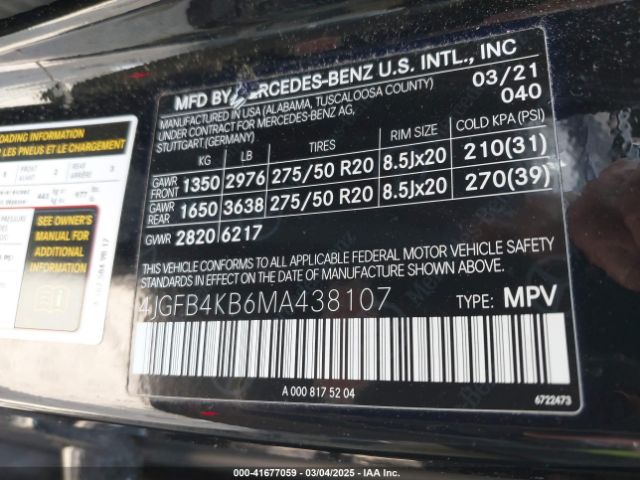 4JGFB4KB6MA438107 Mercedes-Benz Gle 350 4matic