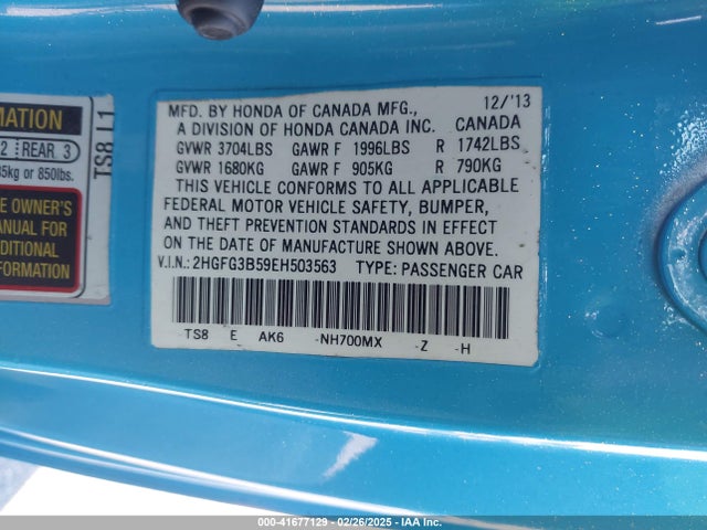 Honda Civic Lx 2014 2HGFG3B59EH503563 Image 9