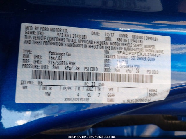 1FADP3FEXJL238431 Ford FOCUS SE
