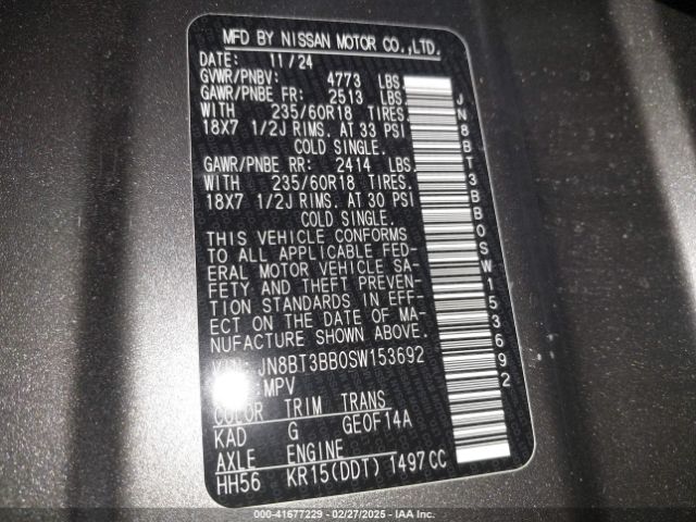 JN8BT3BB0SW153692 Nissan Rogue Sv Intelligent Awd