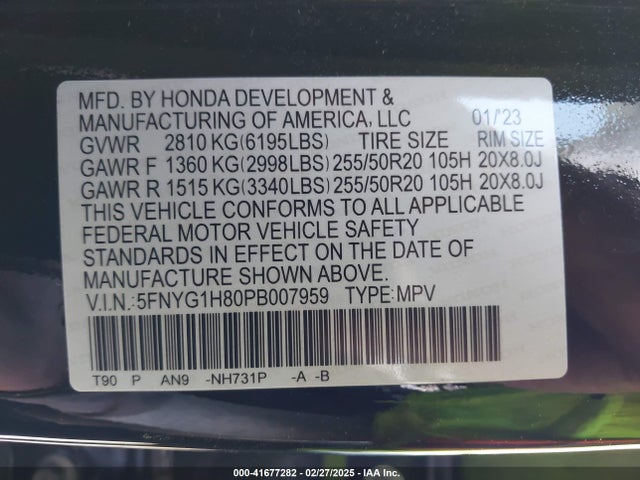 5FNYG1H80PB007959 Honda Pilot Awd Elite