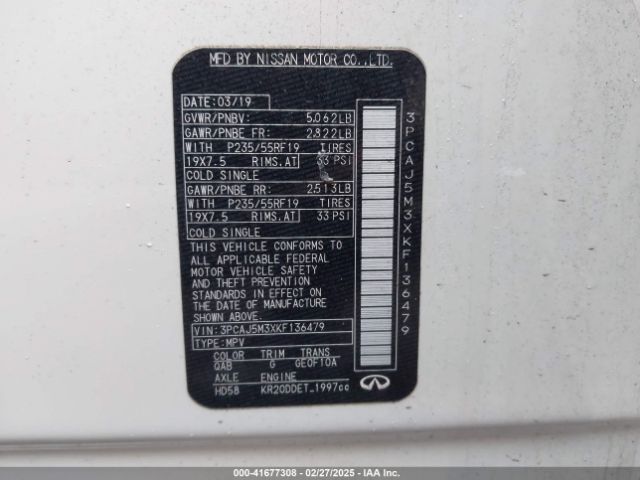 3PCAJ5M3XKF136479 Infiniti Qx50 Luxe