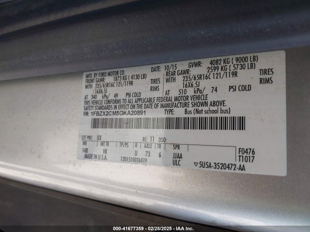 1FBZX2CM5GKA20891 Ford Transit T-350