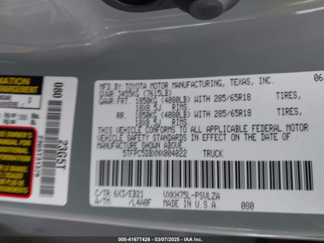 2022 TOYOTA TUNDRA HYBRID 5TFPC5DBXNX004022 Photo 8