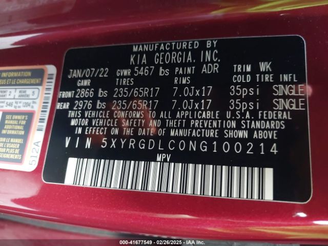 5XYRGDLC0NG100214 KIA SORENTO LX