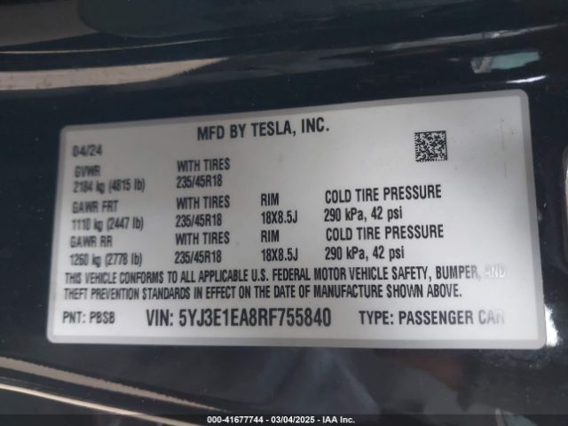 5YJ3E1EA8RF755840 Tesla Model 3 Long Range Dual Motor All-wheel Drive/rear-wheel Drive