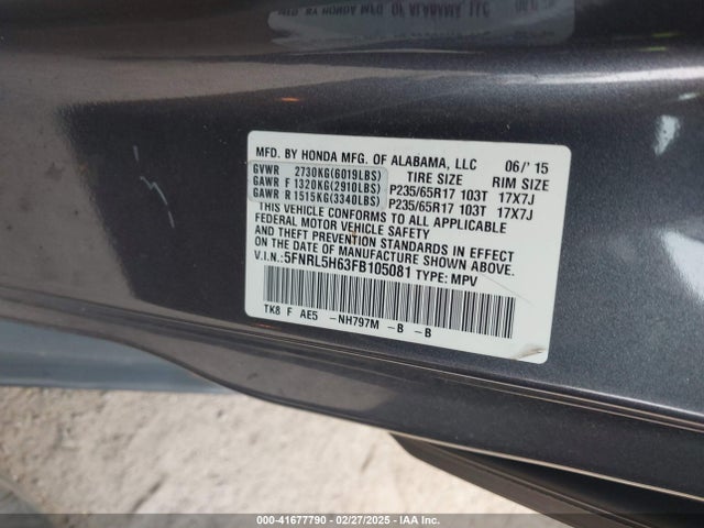 Honda Odyssey Ex-l 2015 5FNRL5H63FB105081 Image 9