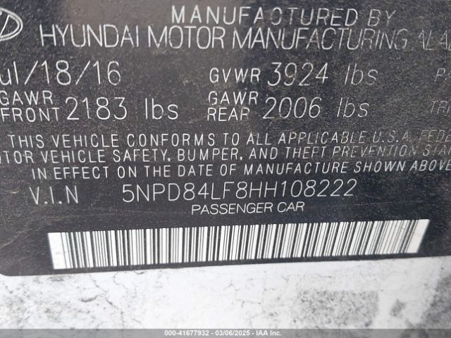 5NPD84LF8HH108222 Hyundai Elantra
