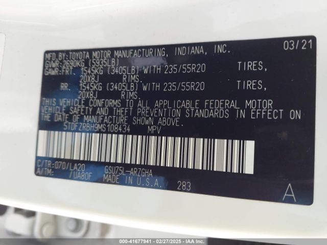 5TDFZRBH9MS108434 Toyota Highlander Platinum