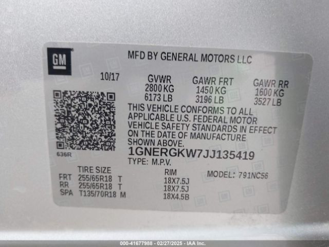 1GNERGKW7JJ135419 Chevrolet Traverse 1lt