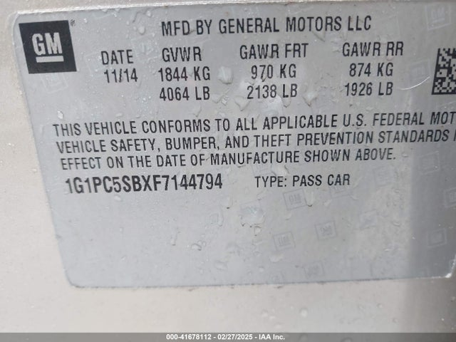 1G1PC5SBXF7144794 Chevrolet Cruze 1lt Auto