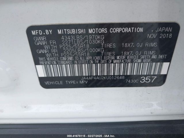 JA4AP4AU2KU012648 Mitsubishi Outlander Sport 2.0 Se