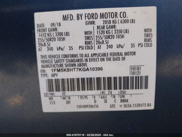 1FM5K8HT7KGA10396 Ford Explorer Platinum