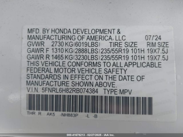 5FNRL6H82RB074384 Honda Odyssey Touring