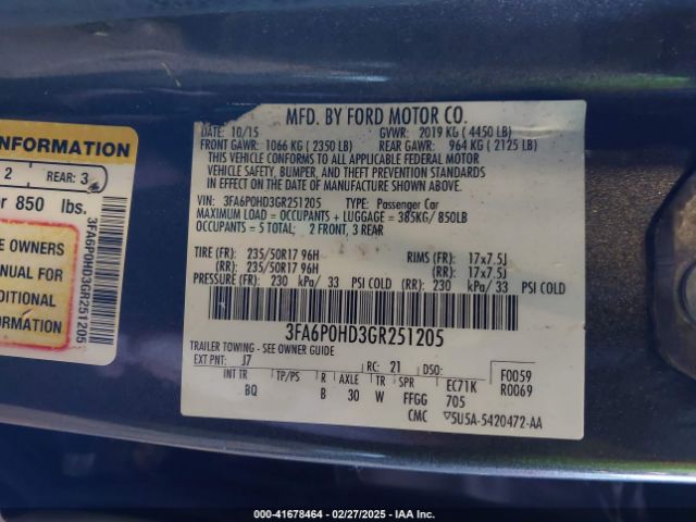 3FA6P0HD3GR251205 Ford FUSION SE