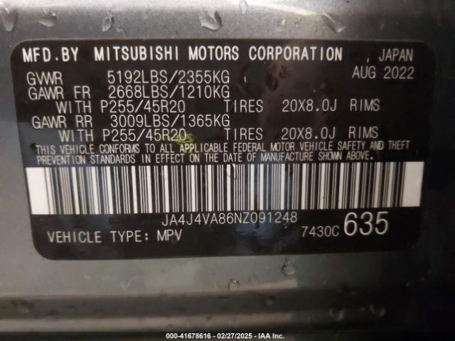 JA4J4VA86NZ091248 Mitsubishi Outlander Sel 2.5 S-awc/sel Launch Edition S-awc/sel Special Edition S-awc