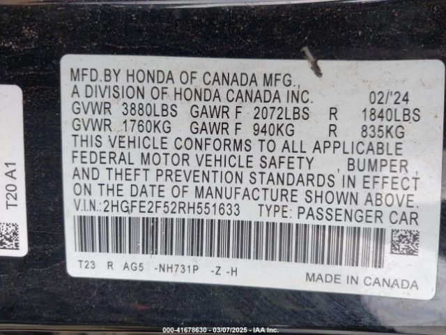 2HGFE2F52RH551633 Honda Civic Sport