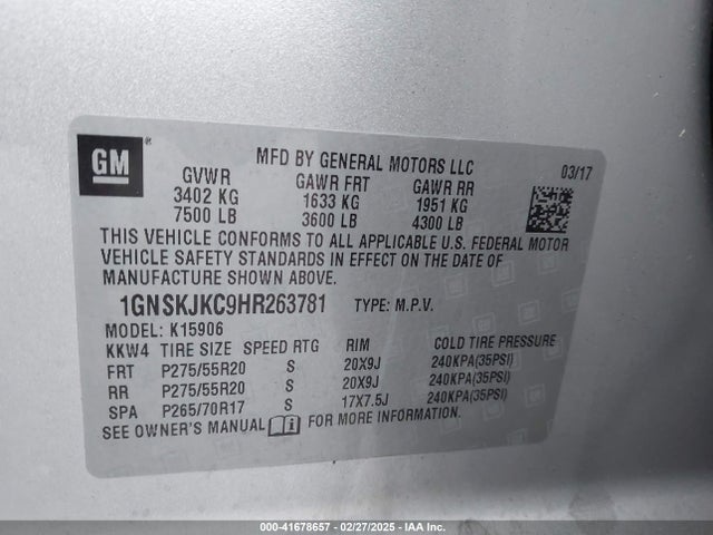 1GNSKJKC9HR263781 Chevrolet l83 - sidi: spark ignited direct injection, vvt: variable valve timing, afm, e85 max, alum