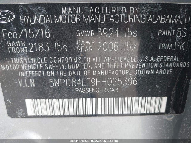 5NPD84LF9HH025396 Hyundai ELANTRA SE