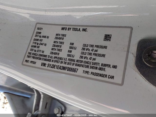 5YJ3E1EA3MF088667 Tesla Model 3 Standard Range Plus Rear-wheel Drive