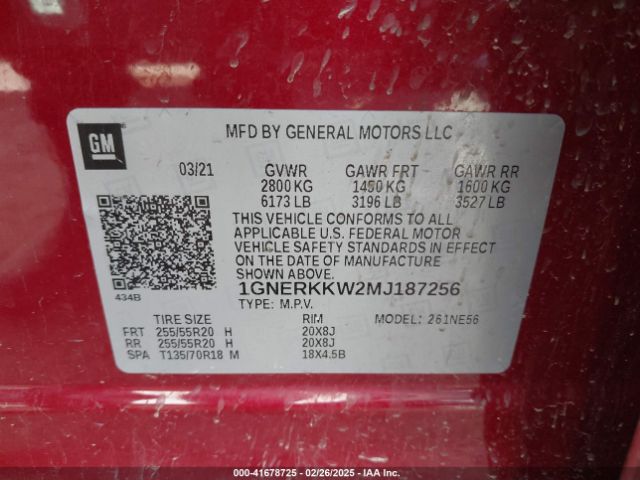 1GNERKKW2MJ187256 Chevrolet Traverse Fwd Premier