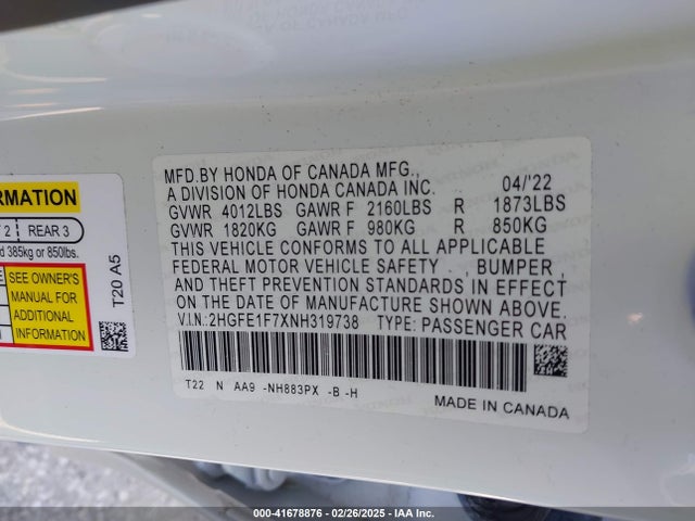 2HGFE1F7XNH319738 Honda CIVIC EX