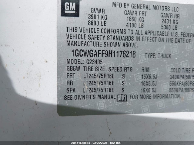 1GCWGAFF9H1176218 Chevrolet Express 2500 Work Van
