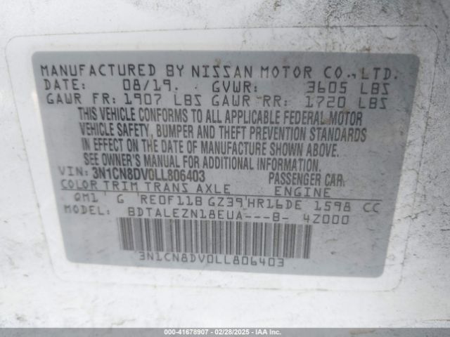 3N1CN8DV0LL806403 Nissan Versa S Xtronic Cvt