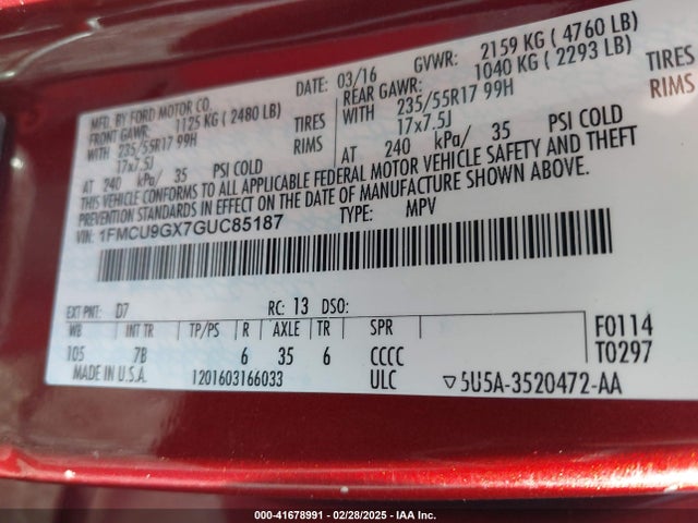 1FMCU9GX7GUC85187 Ford ESCAPE SE