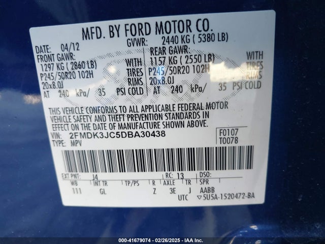 41679074 :رقم المزاد ، 2FMDK3JC5DBA30438 vin ، 2013 Ford Edge Sel مزاد بيع